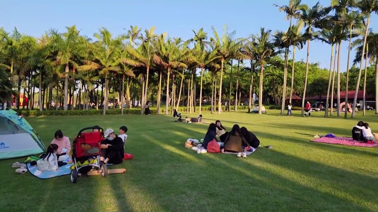 市民在公园草坪上露营度假视频下载