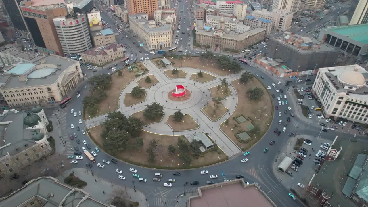 辽宁省大连市中山广场城市天际线风光航拍视频素材