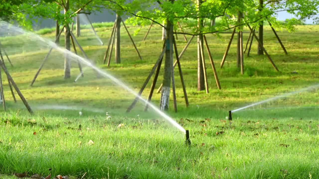 清晨自动喷灌系统正在给草地浇水视频素材