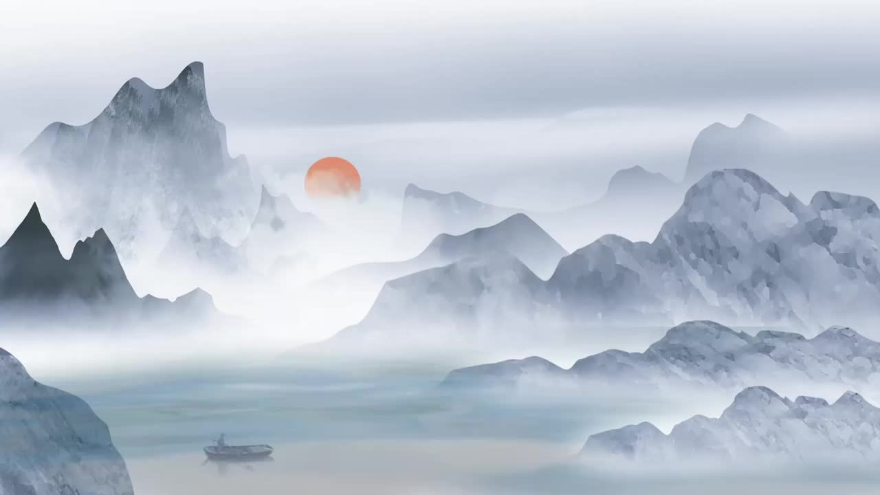 中国风灰色高雅水墨风景古风水墨风日出山水动画视频购买