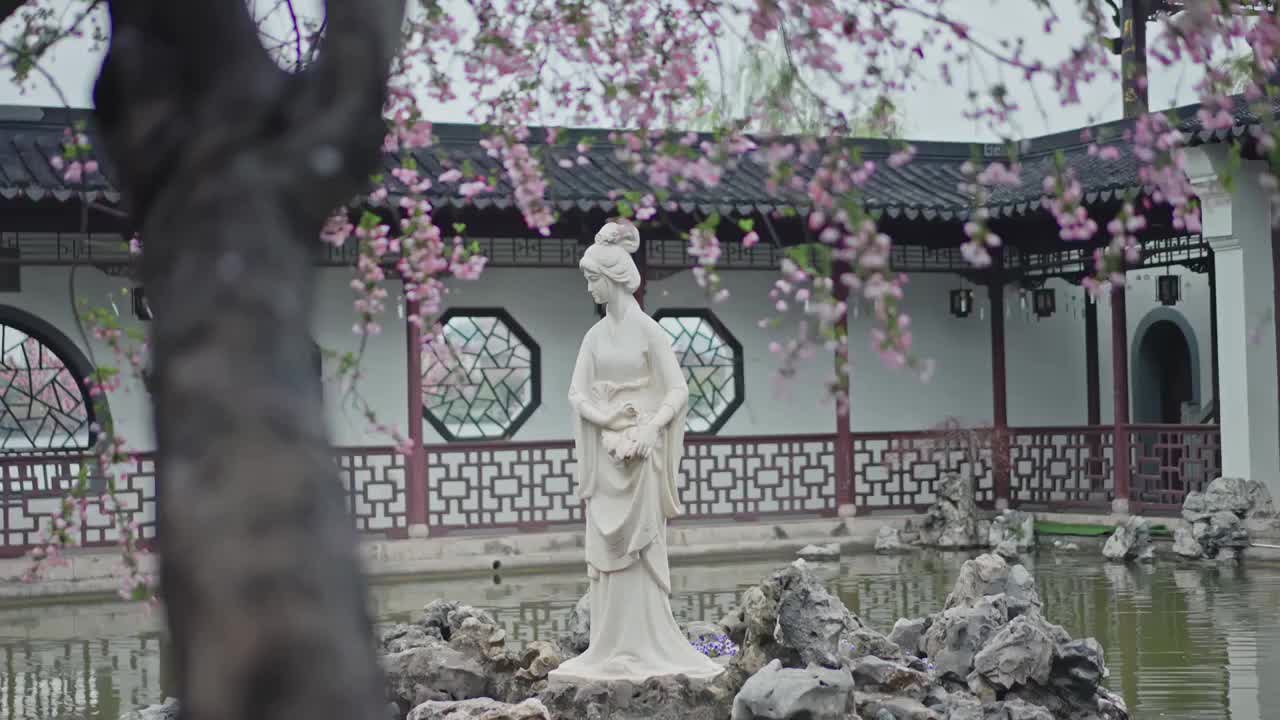 海棠花开下的南京莫愁湖公园莫愁女雕塑视频下载