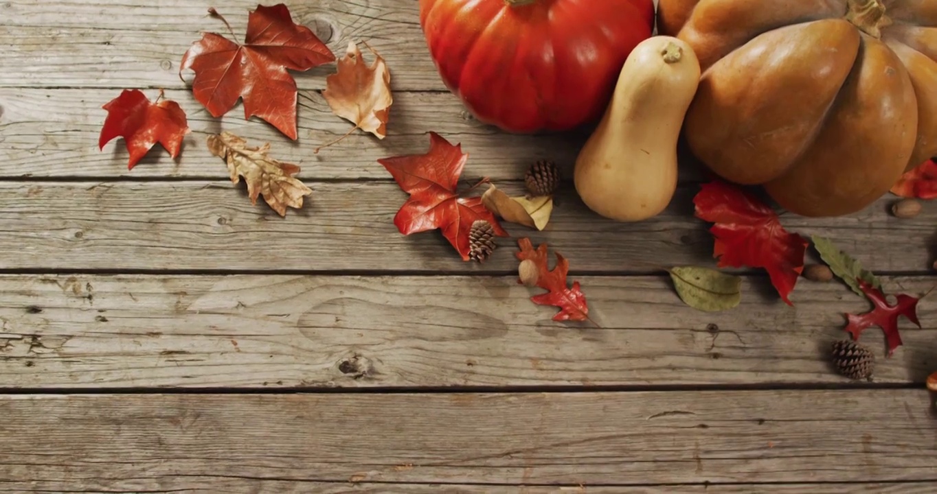 视频南瓜与松果和秋天的树叶在木制背景视频素材