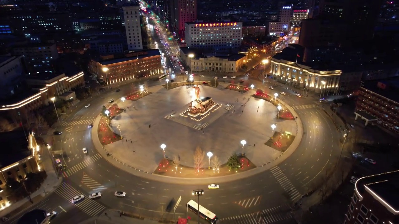 沈阳中山广场城市高楼交通航拍夜景风光视频素材