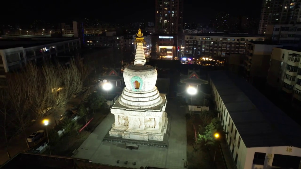 航拍沈阳护国延寿寺西塔城市夜景视频下载