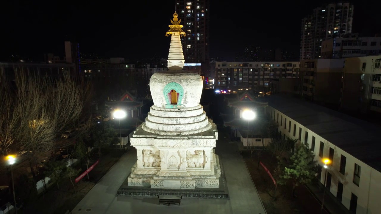 航拍沈阳护国延寿寺西塔城市夜景视频下载
