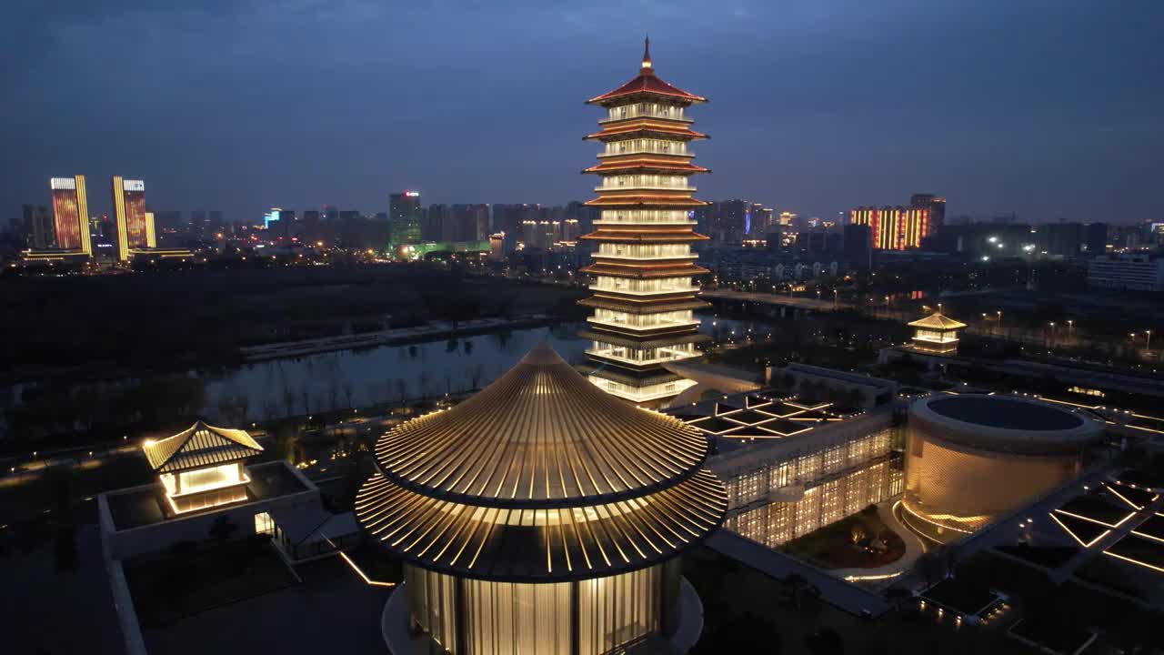 江苏扬州大运河博物馆航拍夜景视频下载
