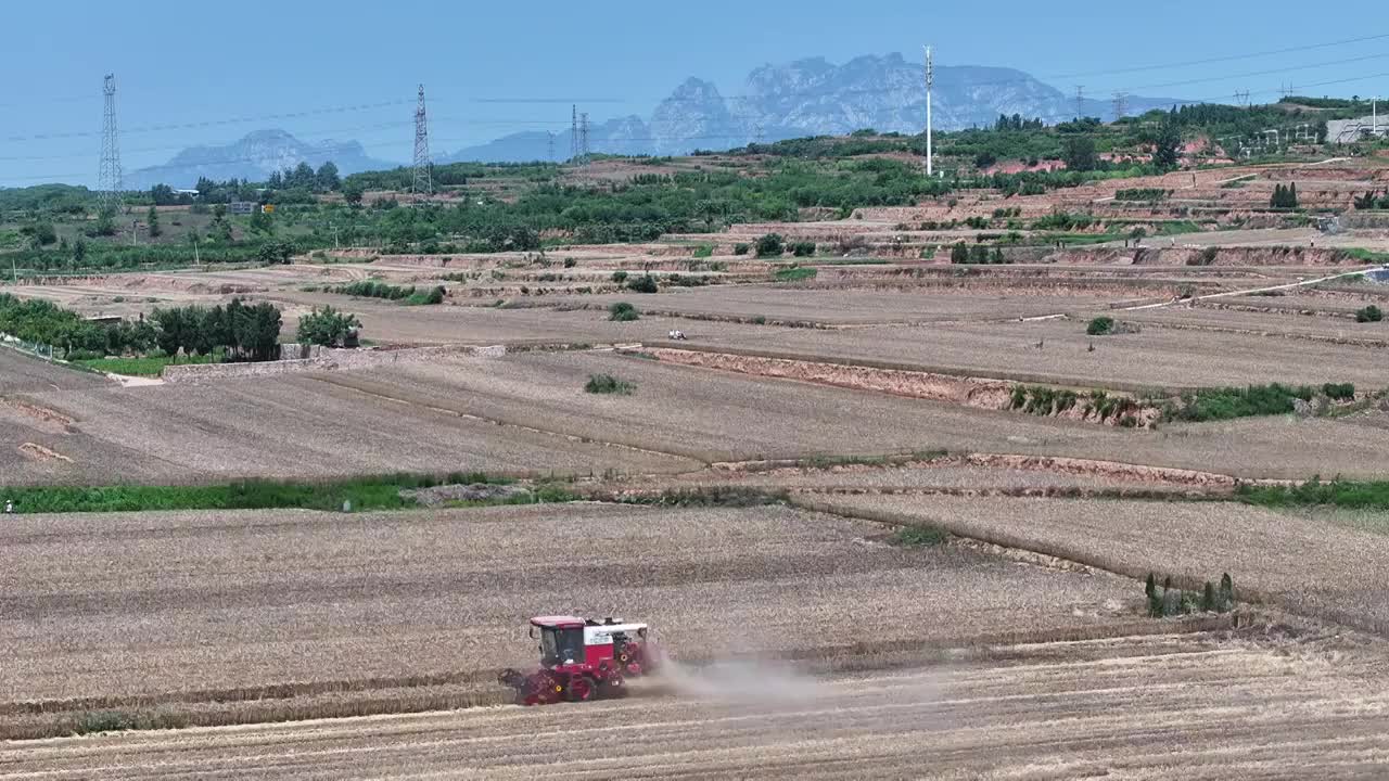 河南省郑州市登封市嵩山脚下收割机麦收场景夏季户外航拍视频下载