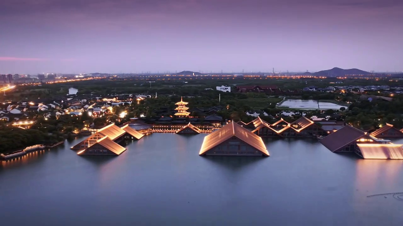 航拍上海广富林文化遗址夜景风光视频下载