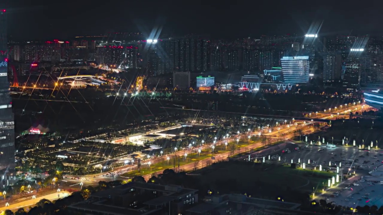 高视角固定机位俯拍四川成都城市新中心地段，锦城广场环球中心城市夜景视频素材