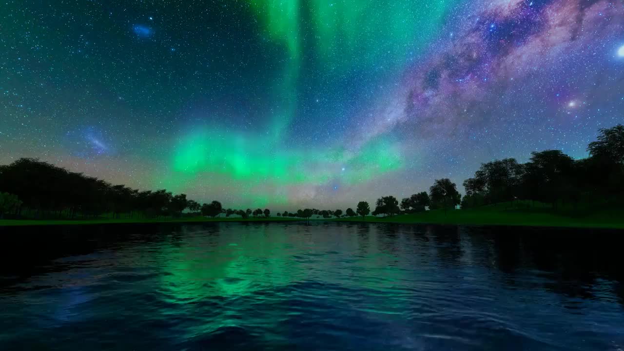 夜晚森林湖泊星空北极光视频视频下载