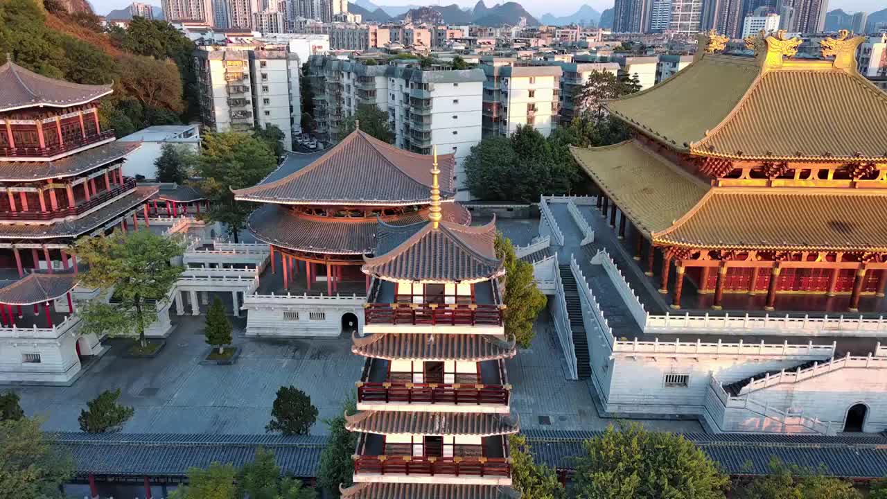 航拍广西柳州文庙传统中式建筑，文昌塔视频素材