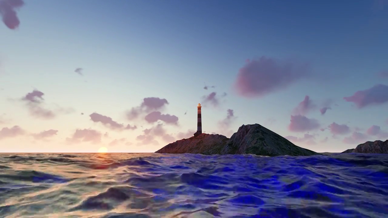 夕阳下的海岸灯塔照亮远方视频素材
