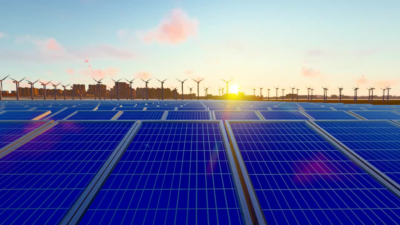 工业化城市新能源太阳能风能发电设施视频素材