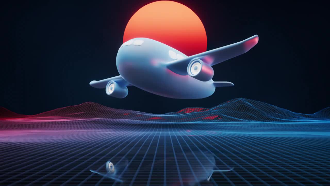 飞机与复古蒸汽波风格3D渲染视频下载
