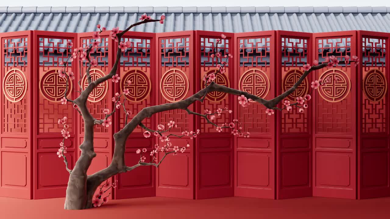 中国风古风屏风背景3D渲染视频素材