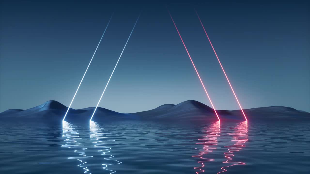 水面上的霓虹灯光线条3D渲染视频素材