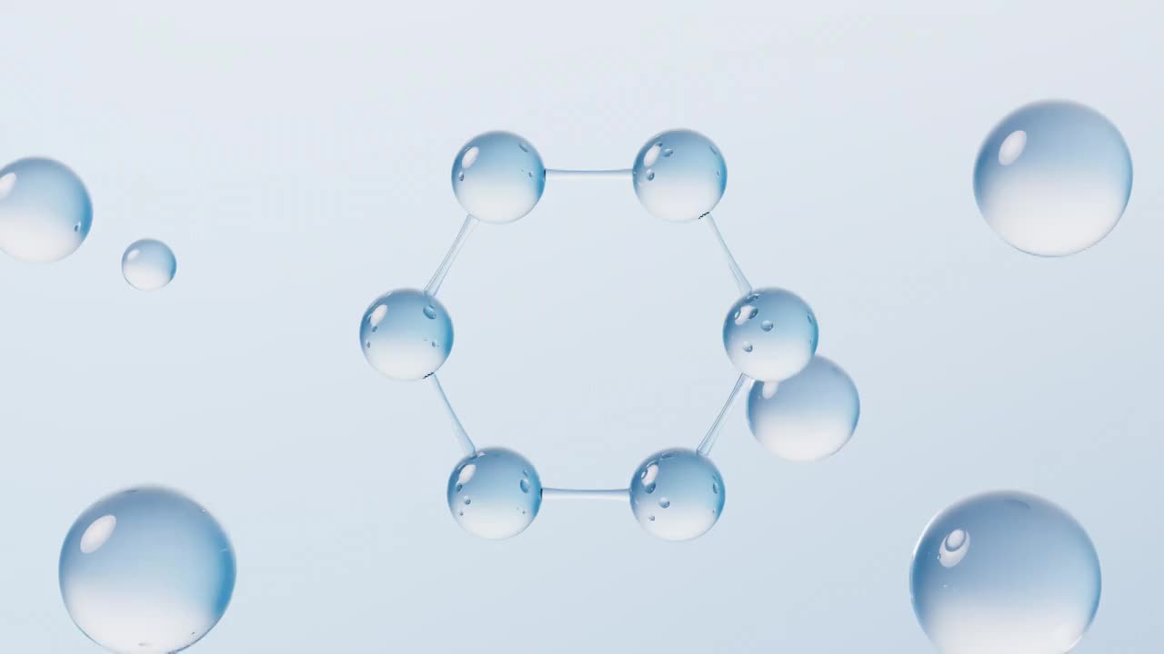 蓝色透明分子与水珠3D渲染视频下载