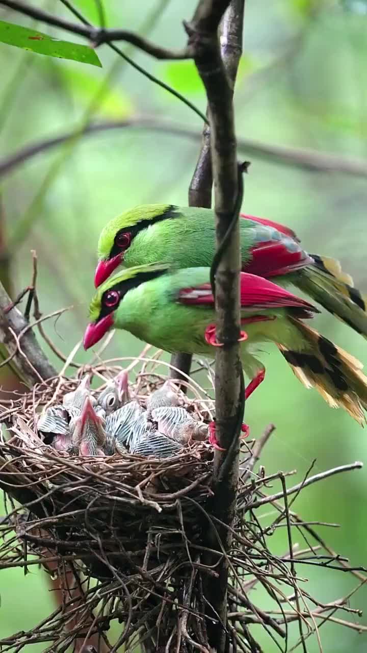 林中巢穴幼鸟嗷嗷待哺 极致颜羽集于一身的印支绿鹊育雏忙（合集）视频下载