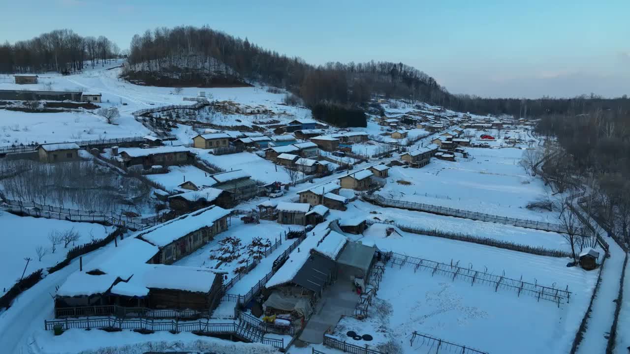冬季长白山抚松县锦江木屋村航拍风光视频素材