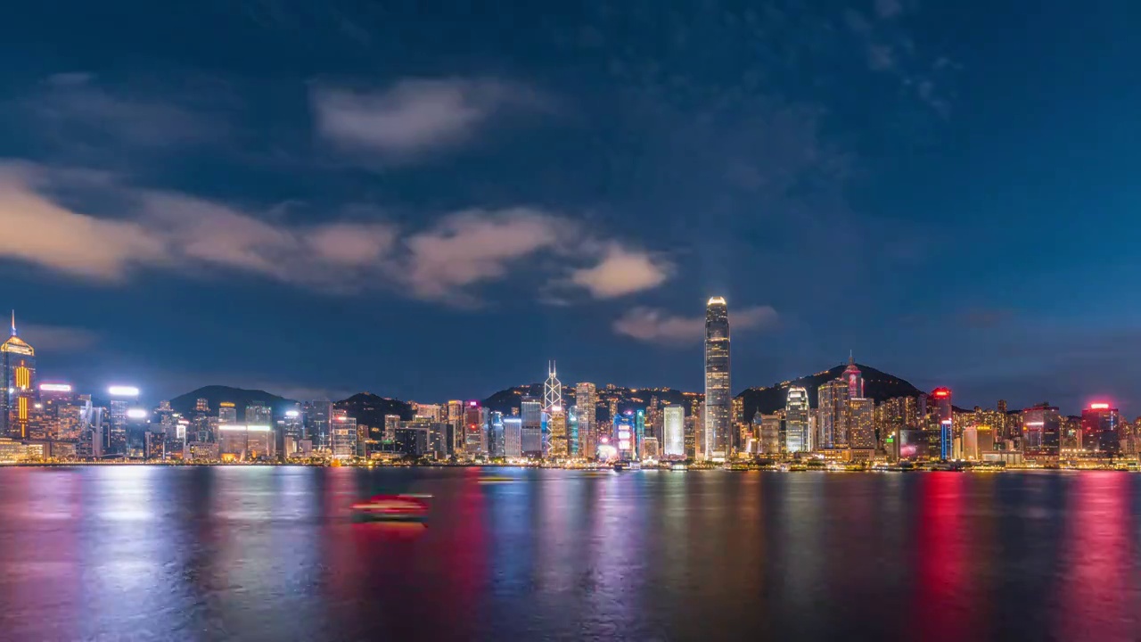 中国香港维多利亚港城市天际线日落晚霞夜景延时视频素材