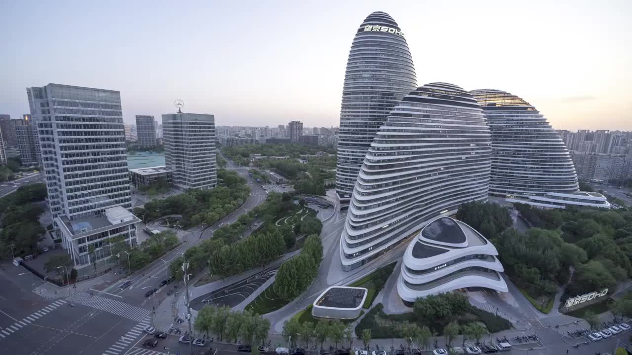 北京望京SOHO城市建筑扎哈哈迪德日落延时摄影视频购买