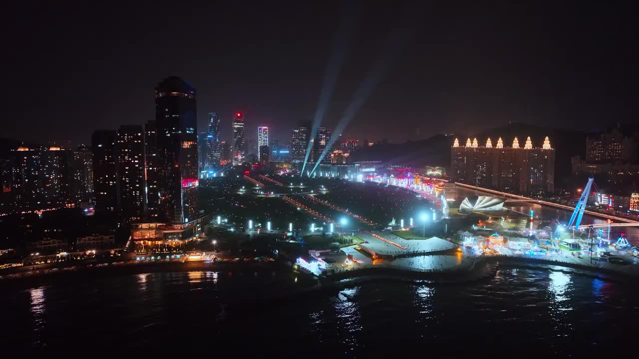 大连星海广场城市夜景航拍灯光秀视频下载