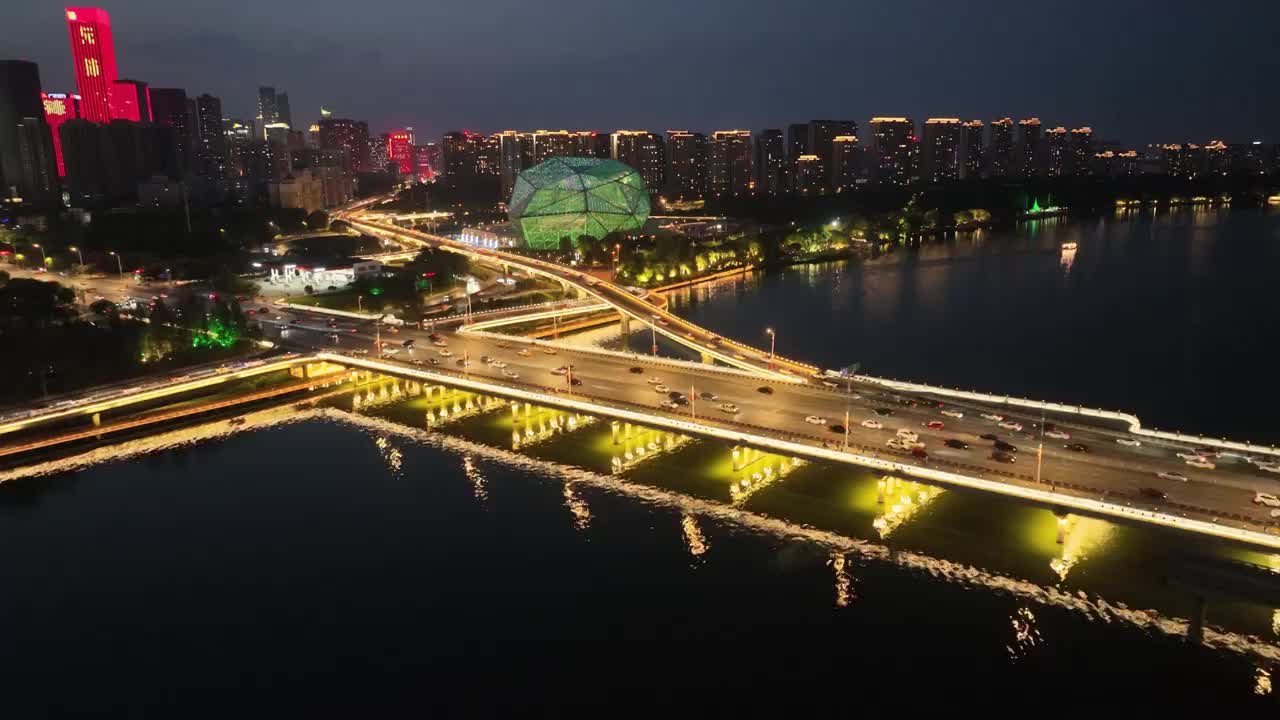 航拍沈阳盛京大剧院浑河大桥城市夜景灯光繁华都市视频素材