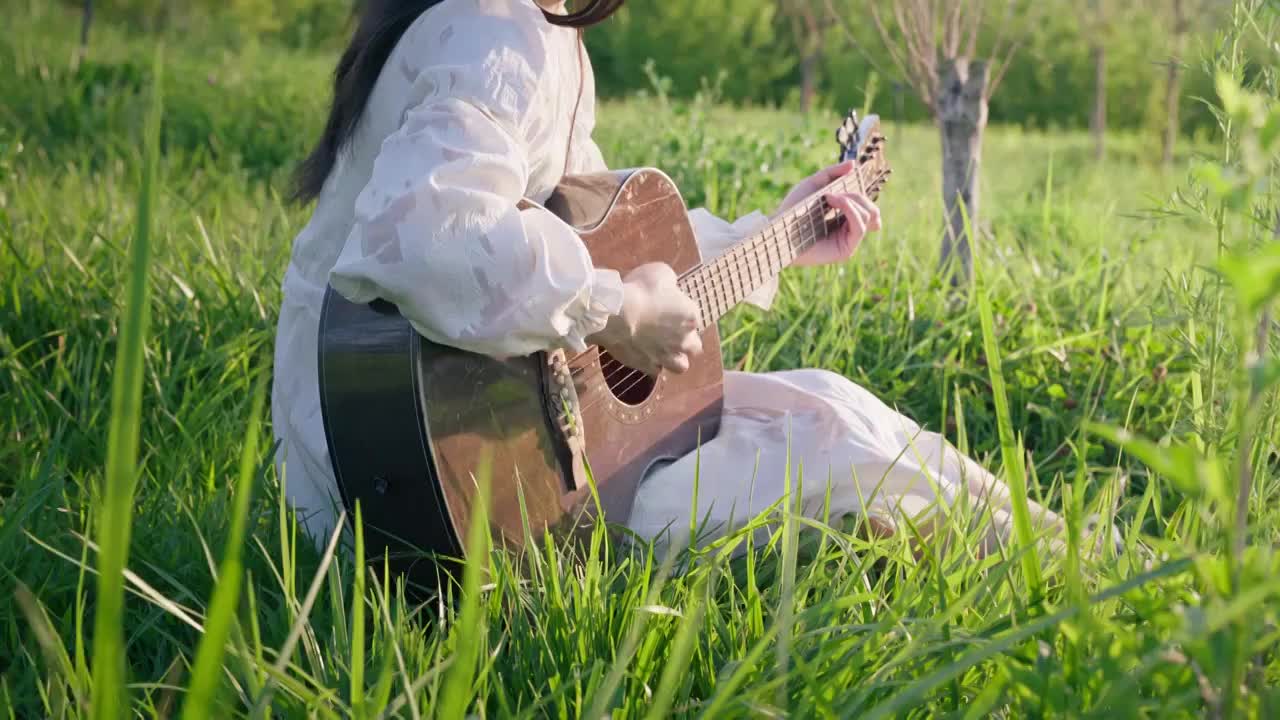 草地上的女孩弹吉他（合集）视频素材