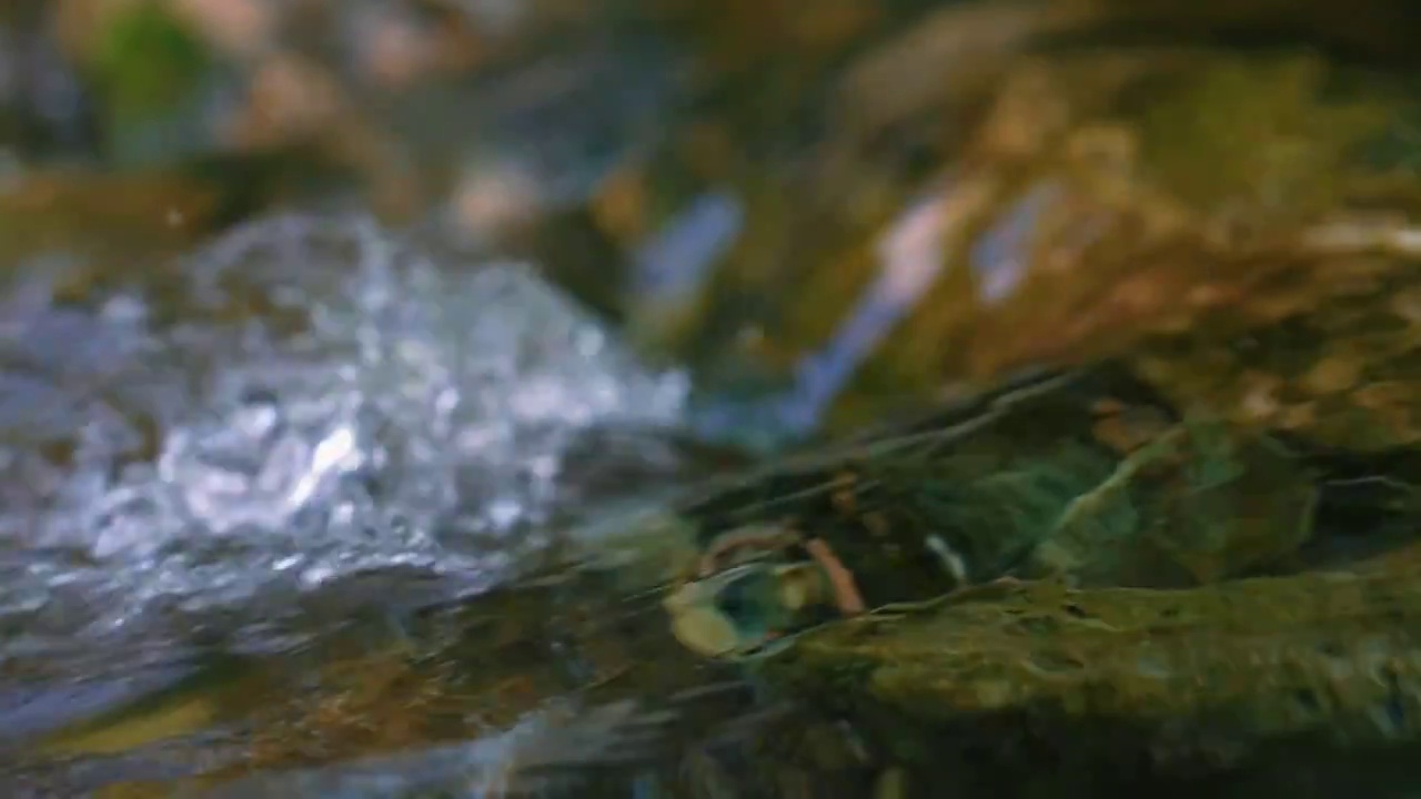 清澈流水苔藓青苔小溪瀑布阳光森林水花飞溅视频素材
