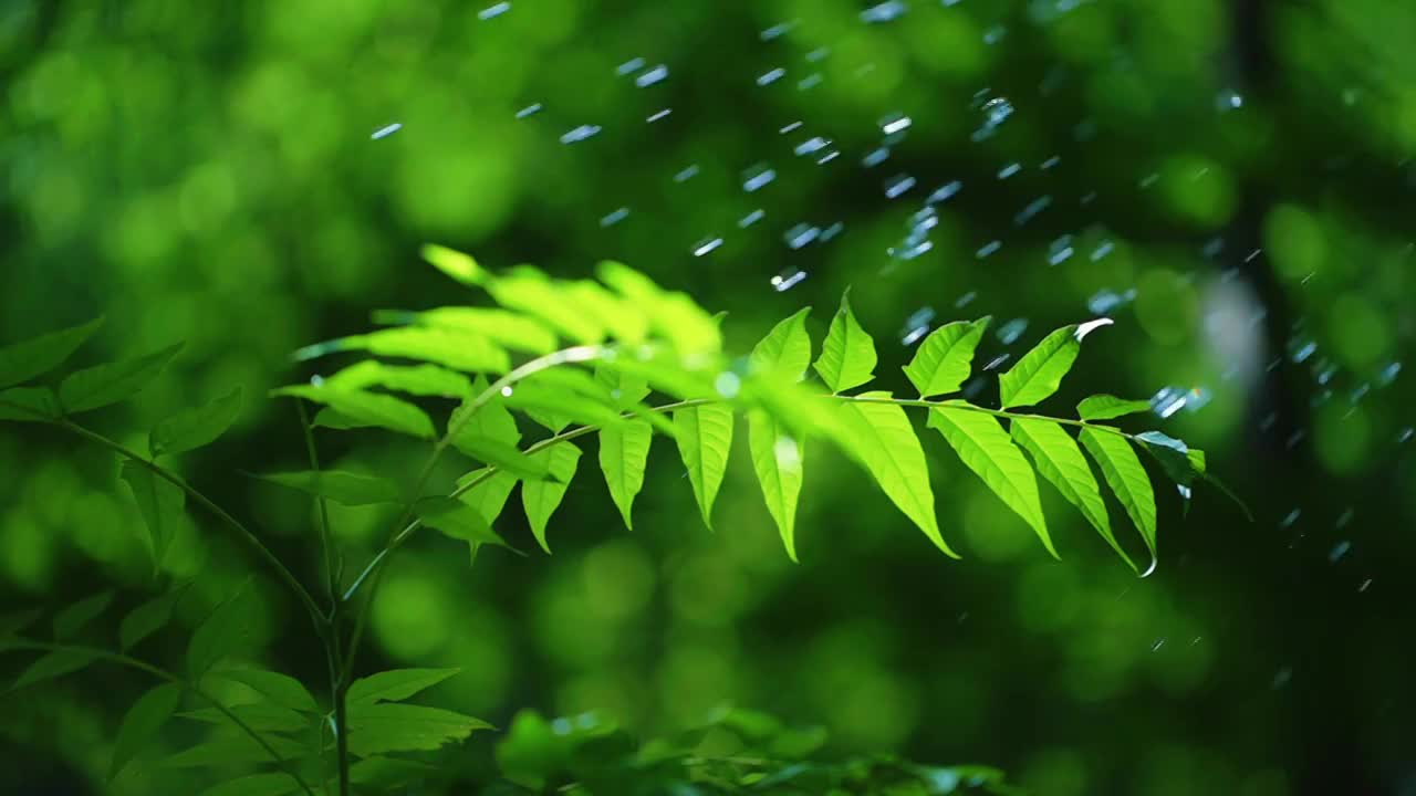 水泼洒在一串热带雨林式的树叶上随后水滴哗哗落下视频下载