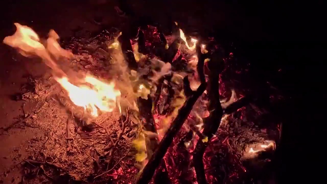 燃烧的火焰，夜晚的篝火，黑夜里的火光视频下载