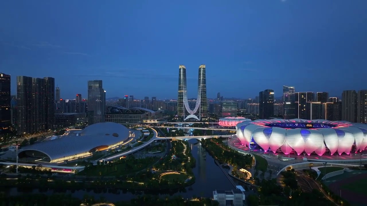 杭州奥体中心亚运会场馆夜景视频素材