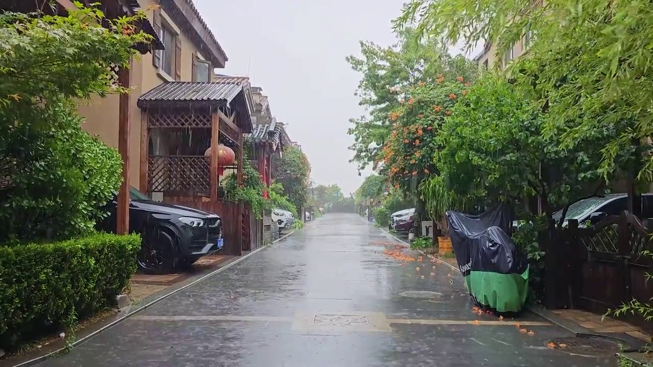 下雨天高档别墅区门前道路视频下载
