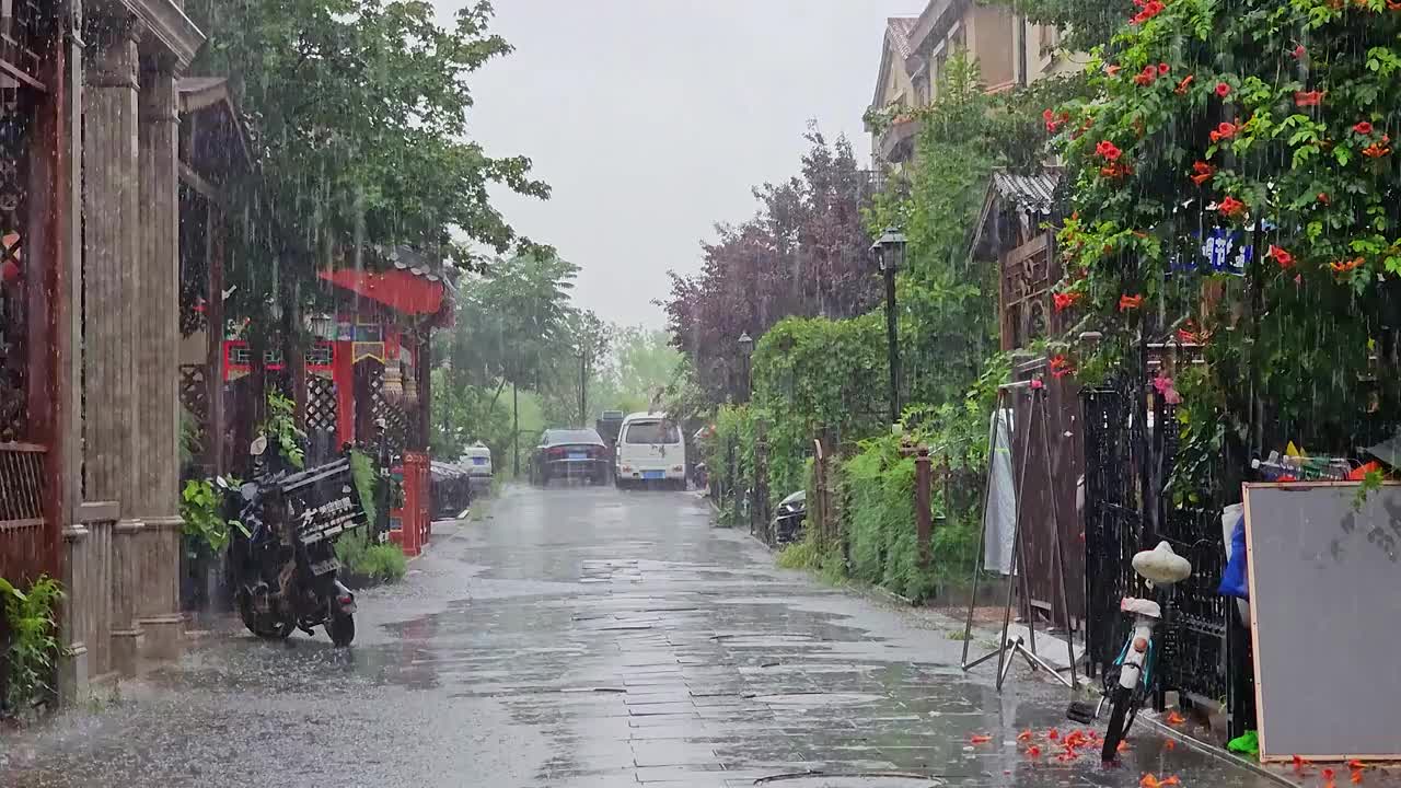 下雨天高档别墅区门前道路视频下载
