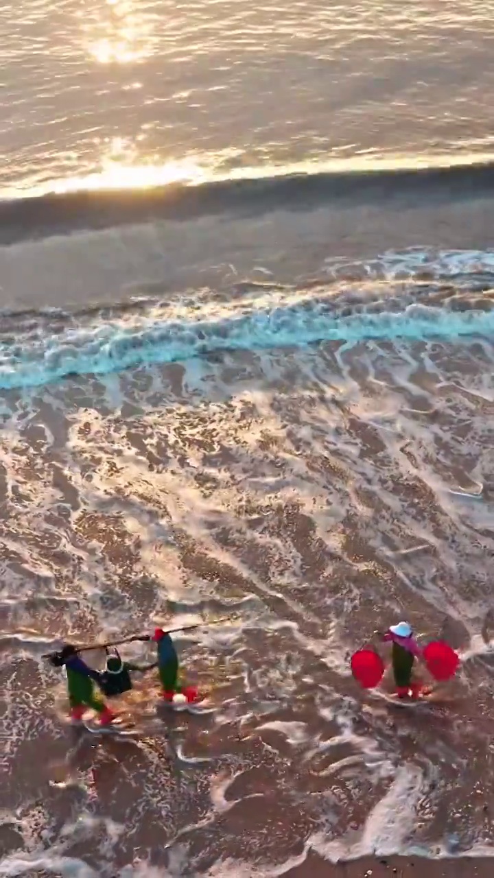 海边的渔民，清晨海边赶海的渔民，晨光下的大海，霞浦北兜的沙滩视频下载