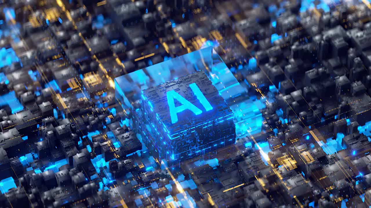 AI科技感芯片电路与方块扩散3D渲染视频素材