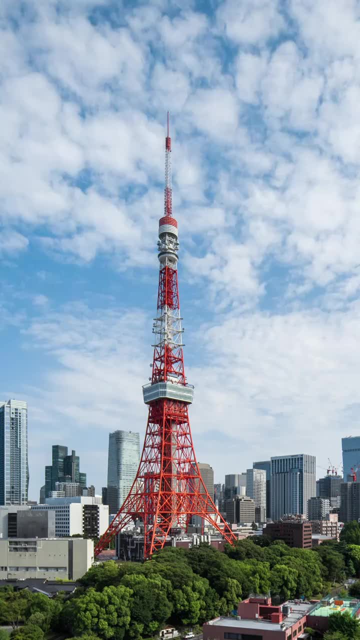 日本东京地标建筑东京塔和城市天际线白昼蓝天白云延时视频下载