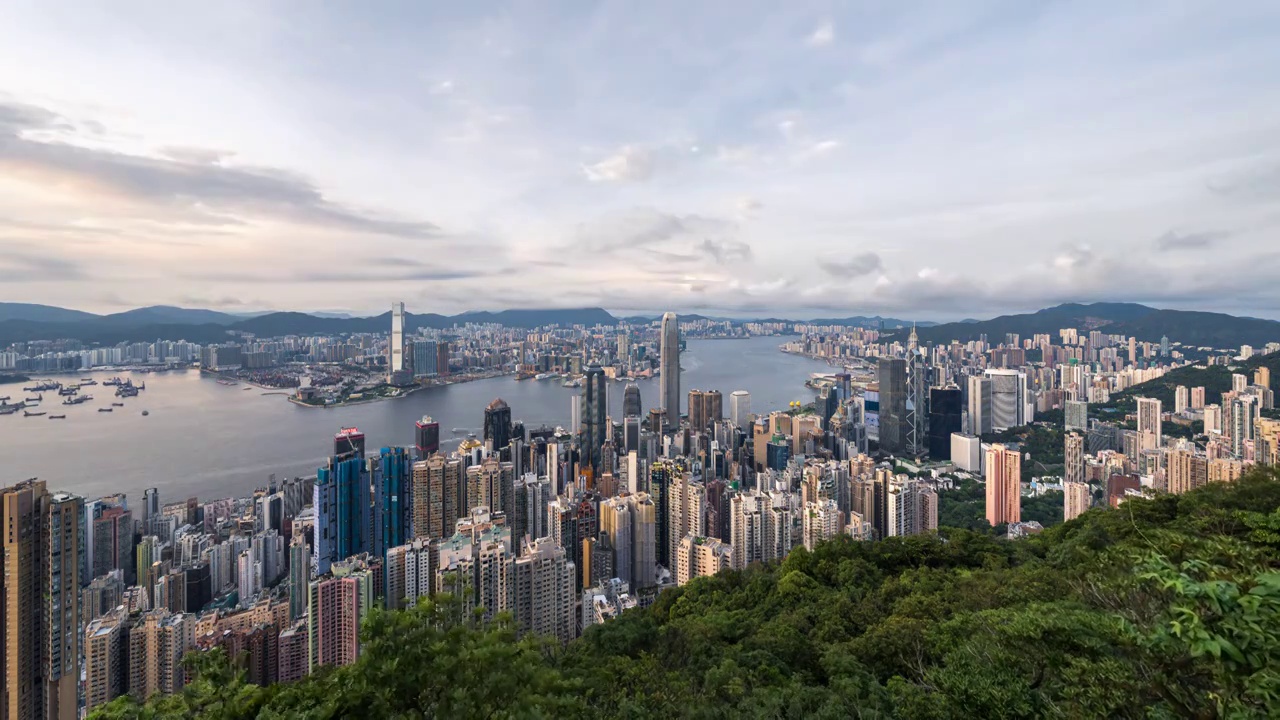 香港维多利亚港城市天际线日落亮灯延时视频下载