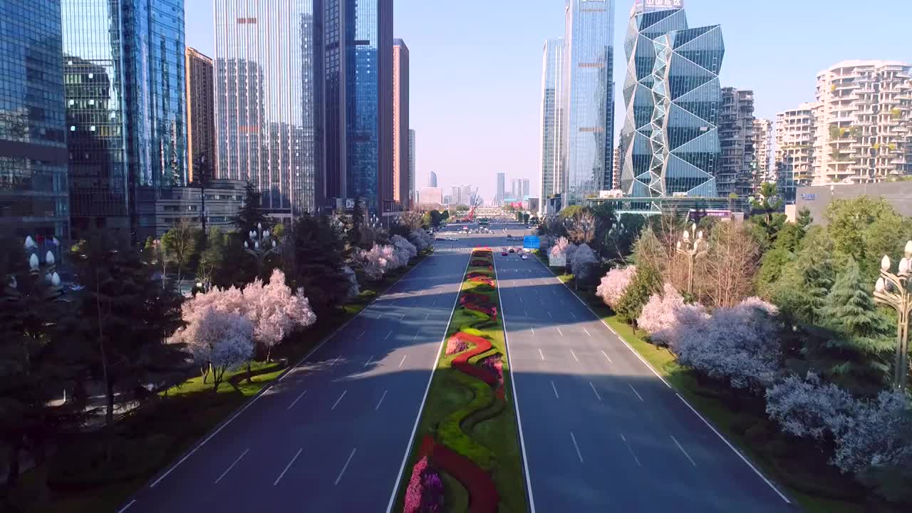 成都高新区天府大道道路景观航拍视频下载