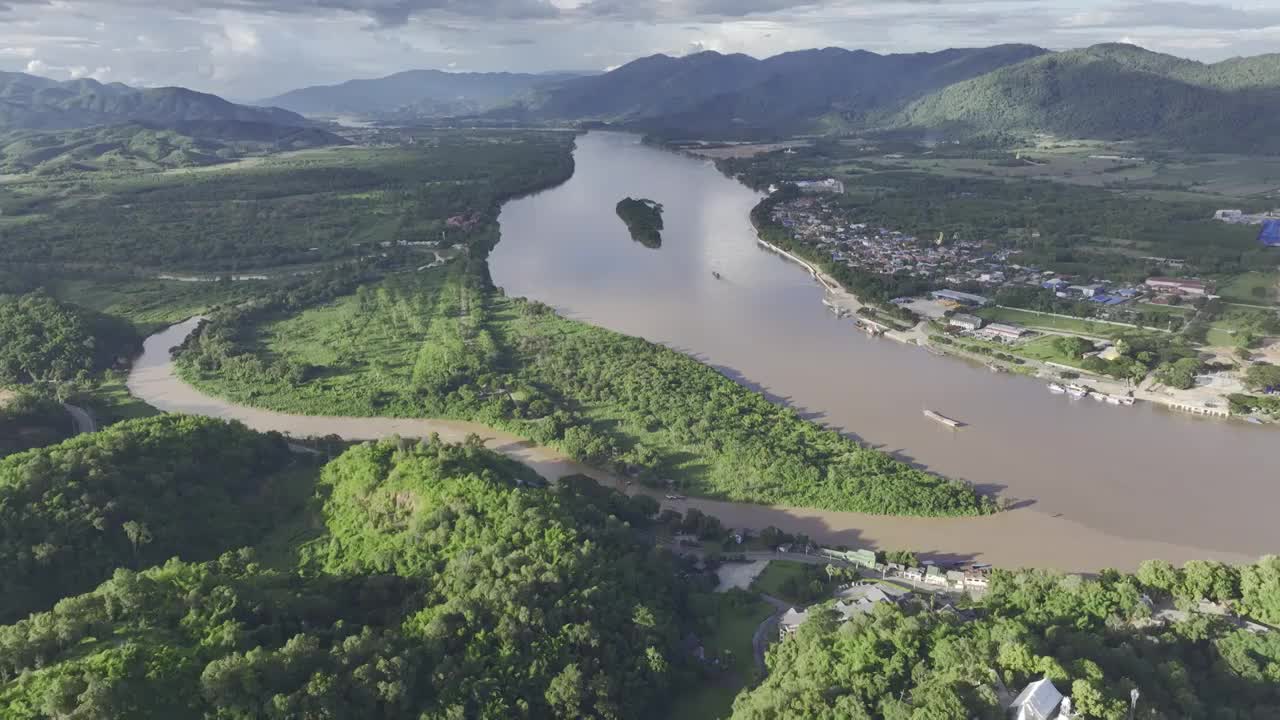 HDR泰国缅甸老挝金三角湄公河航拍景观视频素材
