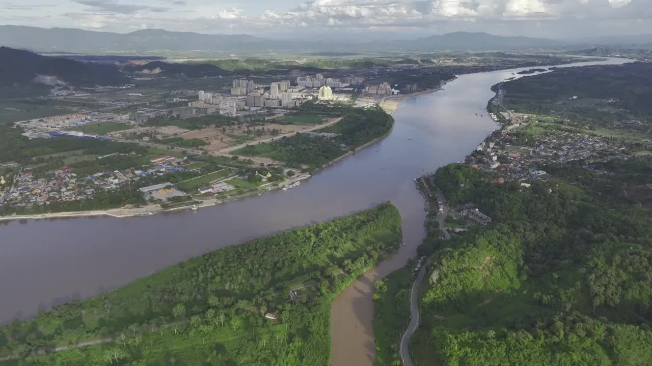 HDR泰国缅甸老挝金三角湄公河航拍景观视频素材