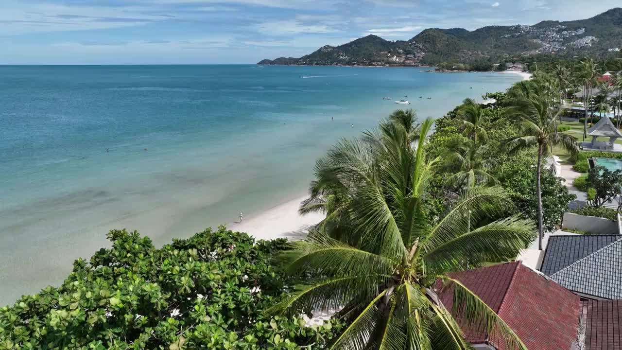 泰国苏梅岛Koh Samui查汶海滩热带岛屿海滨棕榈树风光航拍视频下载