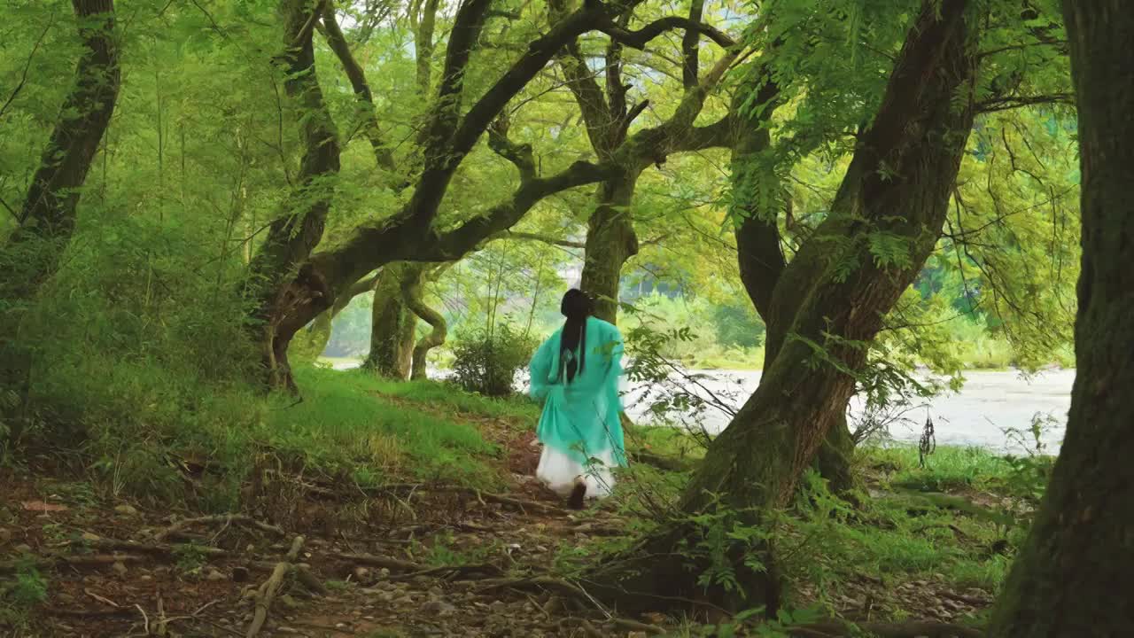 穿着古装的女性在树林里奔跑视频下载