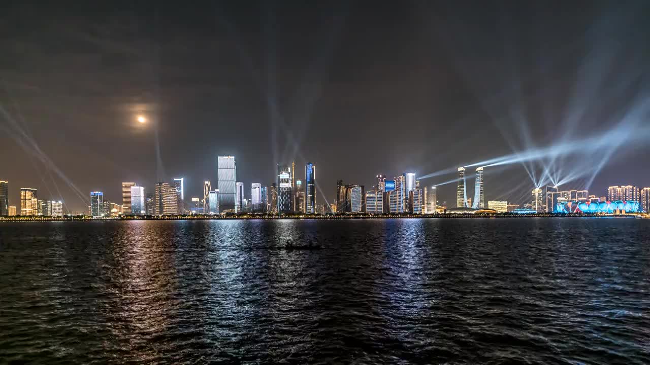 杭州亚运会 奥体中心 城市天际线 夜景灯光秀延时视频素材