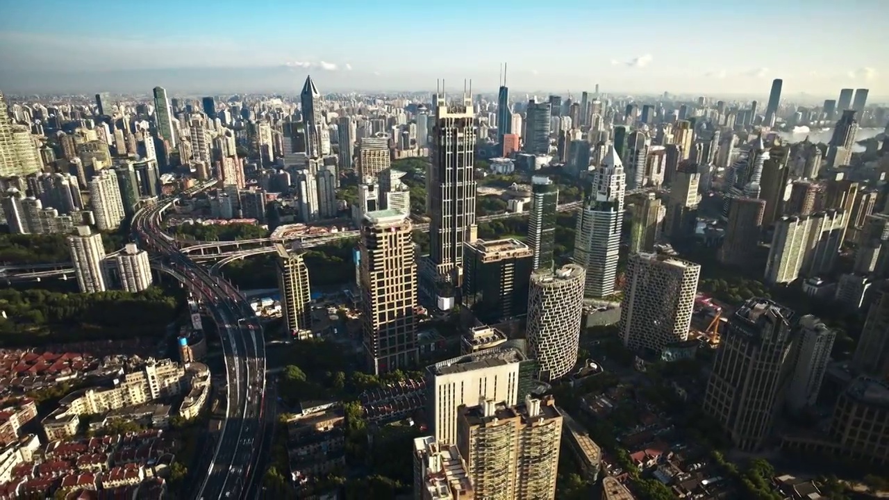 4K航拍上海新天地商圈群楼日出视频下载