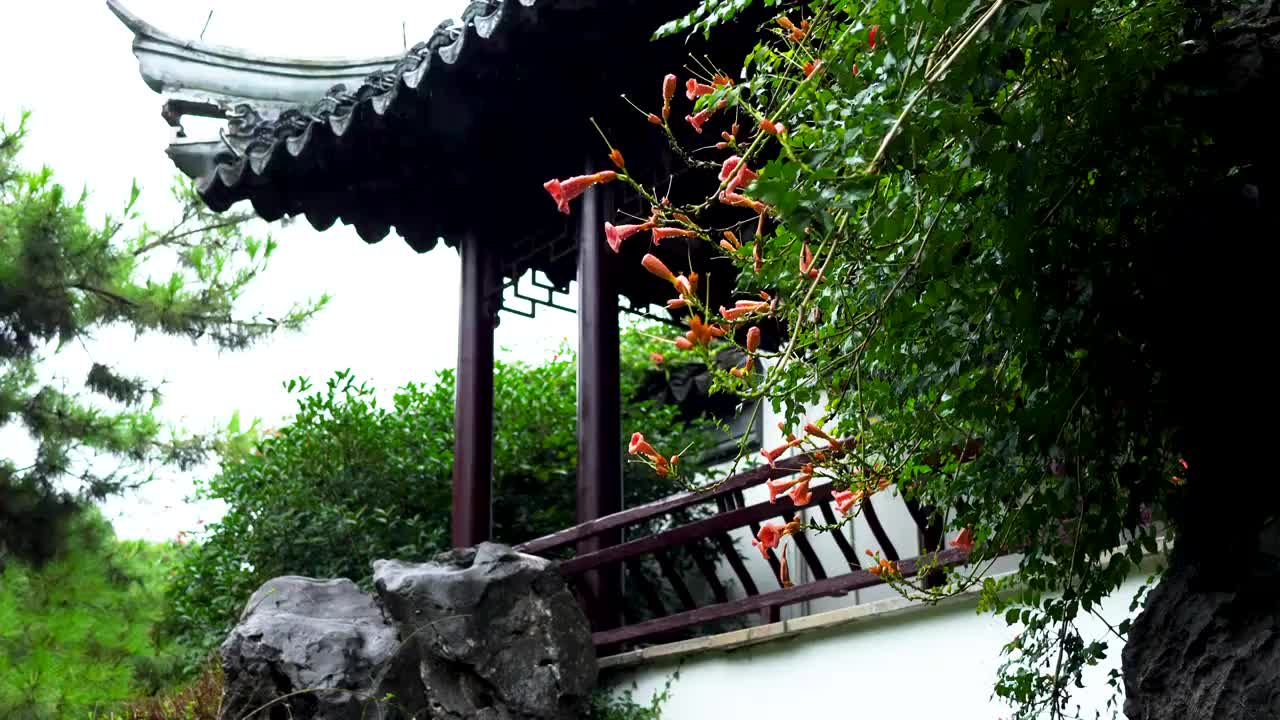 明代古典园林、“江南四大名园”之一，雨天的南京瞻园亭台楼阁屋檐雨滴水滴视频下载