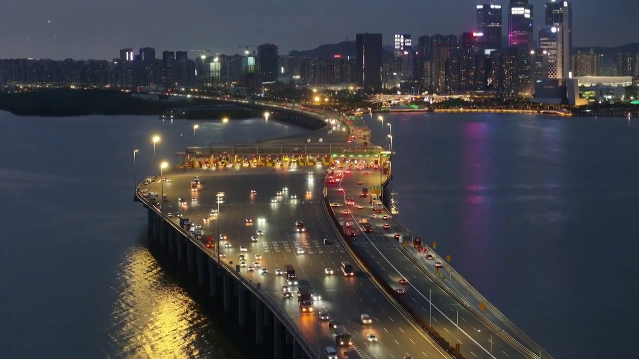 沿江高速收费站前海夜景航拍视频素材