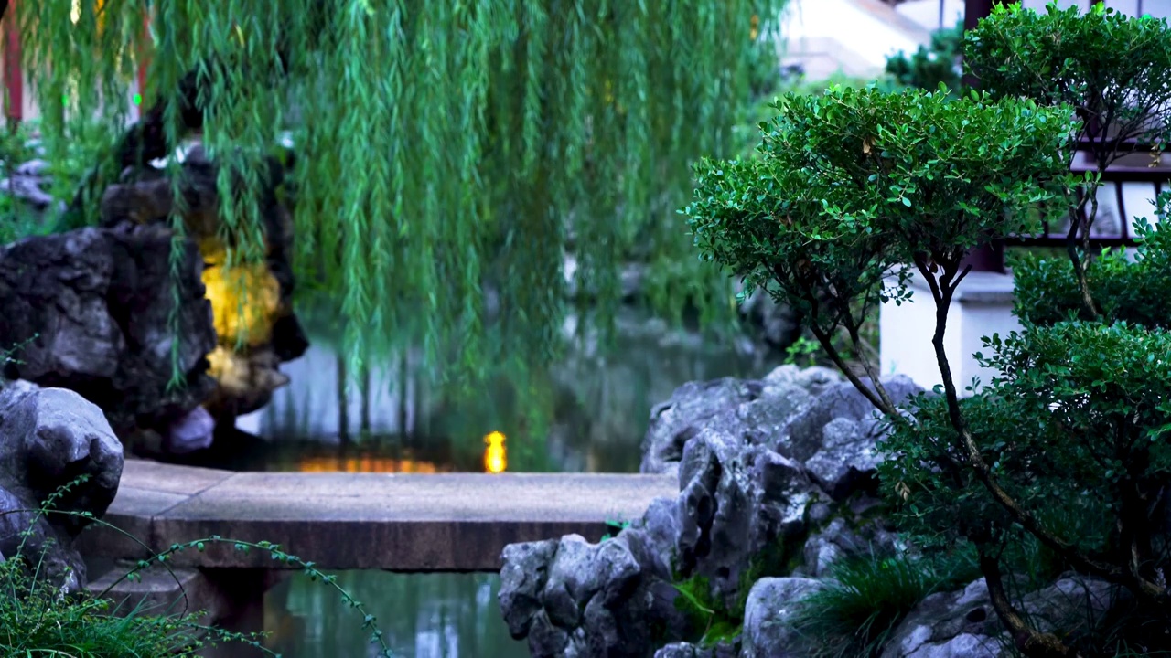 中国明代古典园林、“江南四大名园”之一，南京瞻园中式园林庭院的夜景风光视频素材