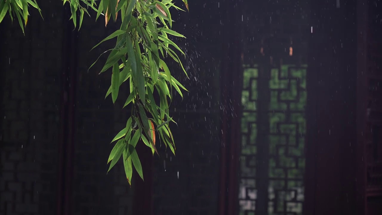中国江南苏州园林公园沧浪亭，竹子绿叶中式建筑房屋傍晚下雨，自然风景背景宁静，中国元素传统文化诗意意境视频下载