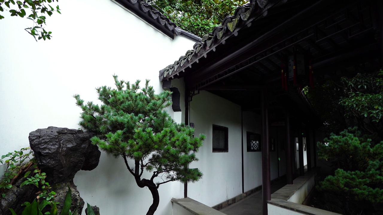 中国明代古典园林、“江南四大名园”之一，雨天南京瞻园庭院屋檐雨滴和水滴视频下载